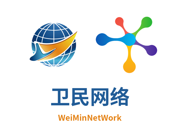 卫民网络 球与分子左右并排在上,卫民网络与 WeiMinNetWork 在下的上下组序组合